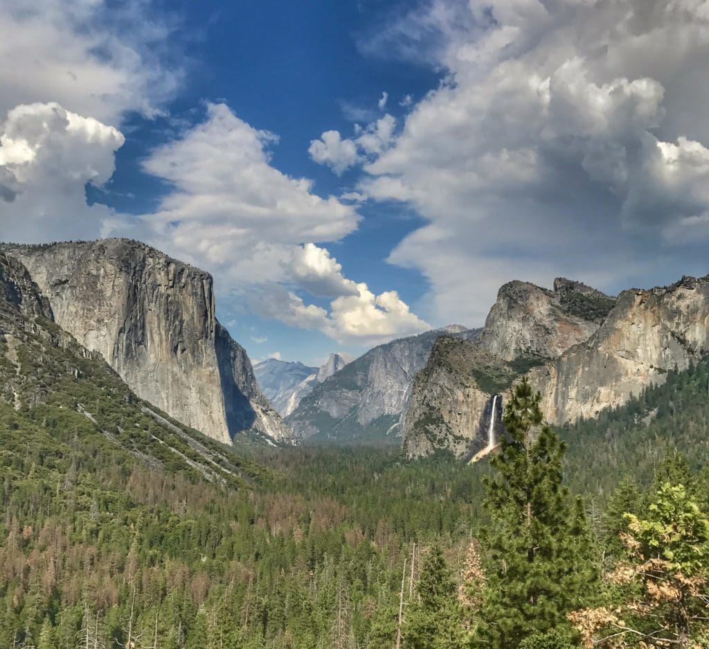 Tunnel View in Yosemite National Park: large granite rock formations towering above the green trees of the Yosemite valley floor
