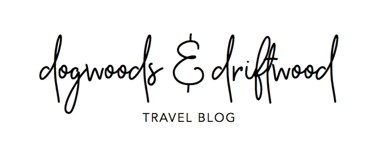 white background with "dogwoods & driftwood: travel blog" written in black